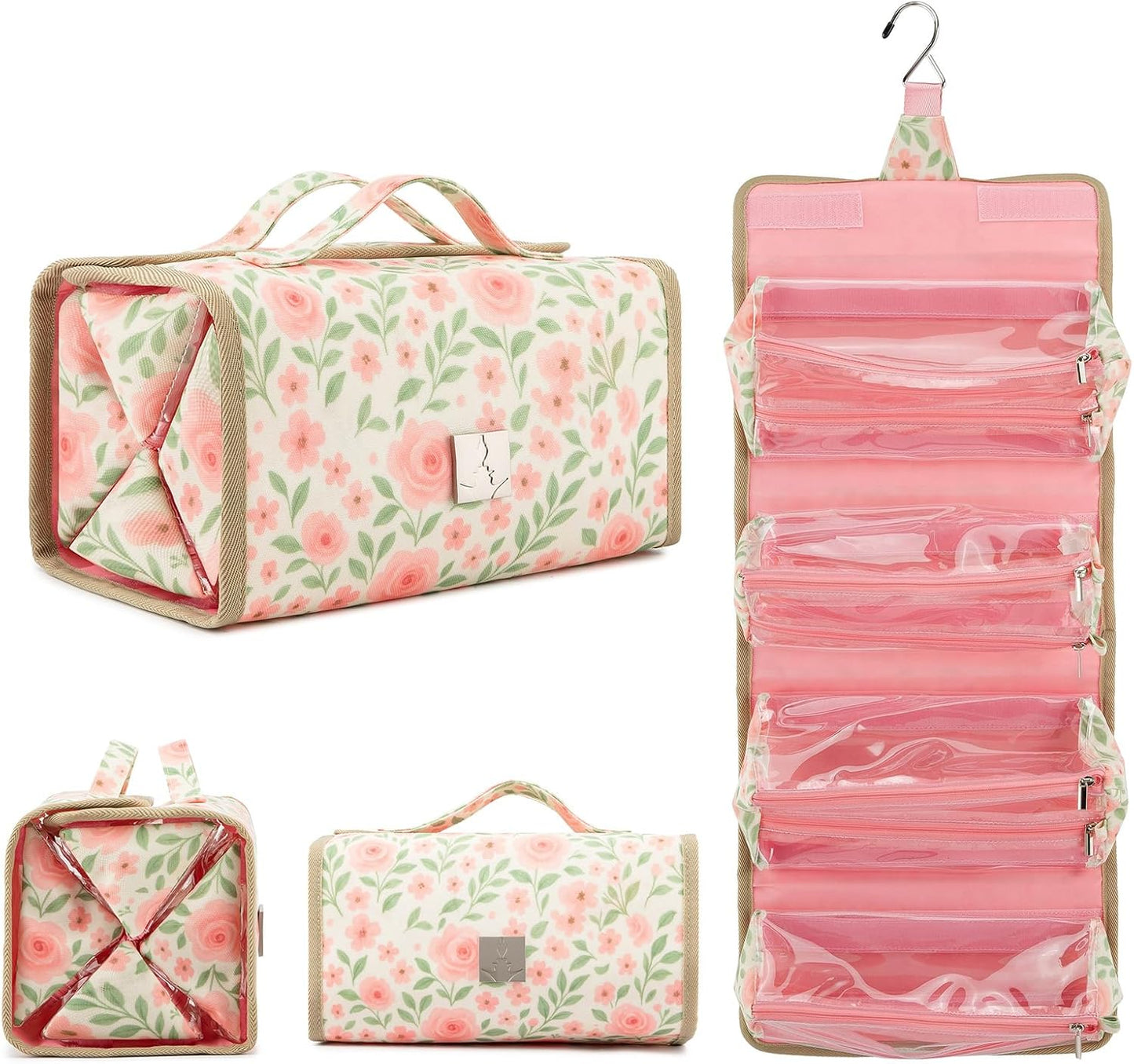 Roll Up Makeup Bag - Travel Toiletry Organizer with 4 Clear TSA Approved Pouches | Hanging Cosmetic Bag for Men & Women