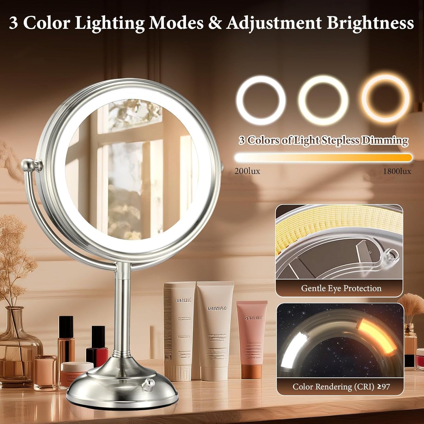 Lighted Makeup Mirror - 8.5" Large 1X/10X True HD Magnification | 3 Color Dimmable Lights, 360° Swivel