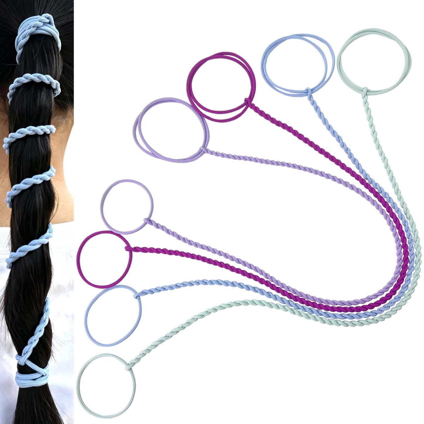 Hair Ties for Women, 16" 4 Packs Soft Nylon Elastic Ponytail Holders for Thick,Curly,Fine Hair Spiral Pony Tail Wrap Around Tie Long Womens Accessories for Sport,Swim,GYM (Hot Pink/Purple/Blue/Green)
