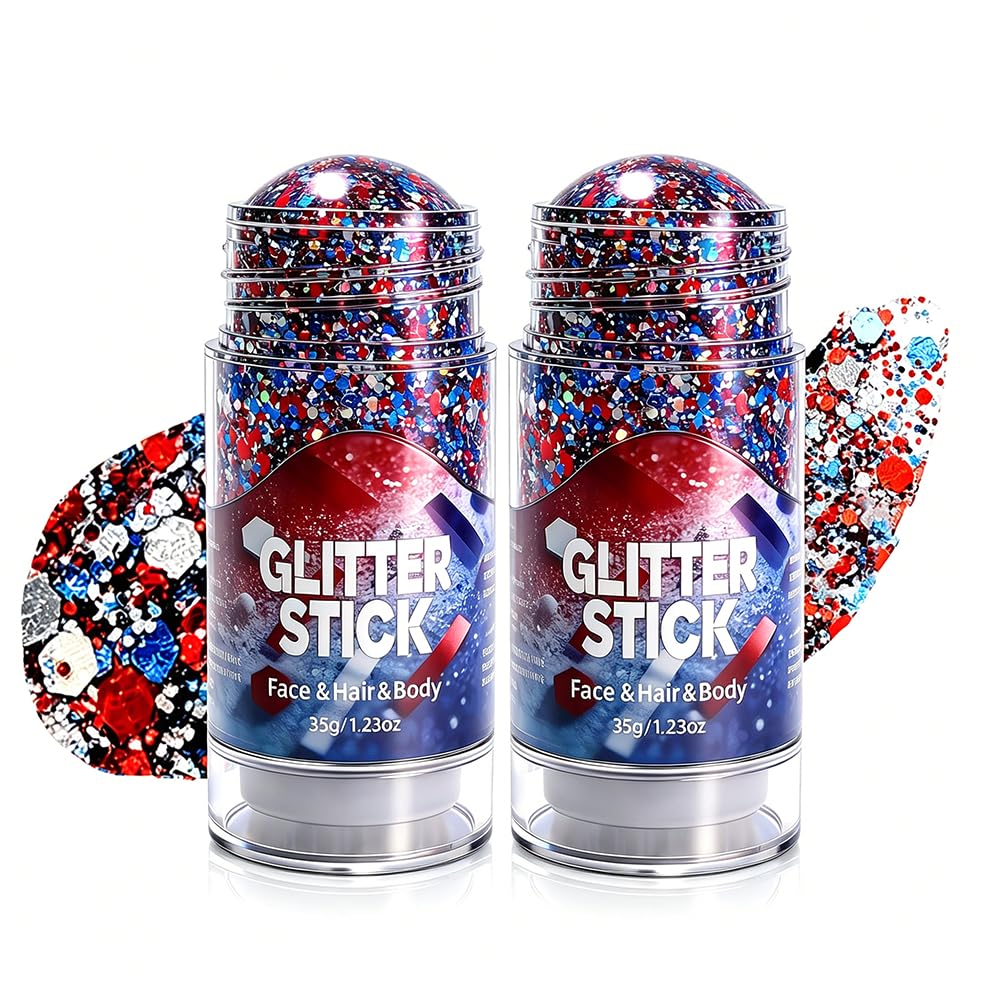 4th of July Glitter Stick, 2026 New Red White Blue Body Hair Sparkle for Independence Day, Upgrade Sparkle Patriotic Pride Chunky Glitter 4th of July Accessories (Blue X3)