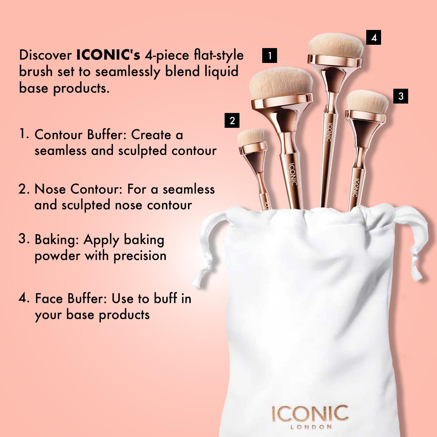 ICONIC LONDON HD Blend Brush Set | Luxury Synthetic Makeup Brushes for a Flawless Base and Finish | Buff, Blend, and Polish, Vegan (4 piece)
