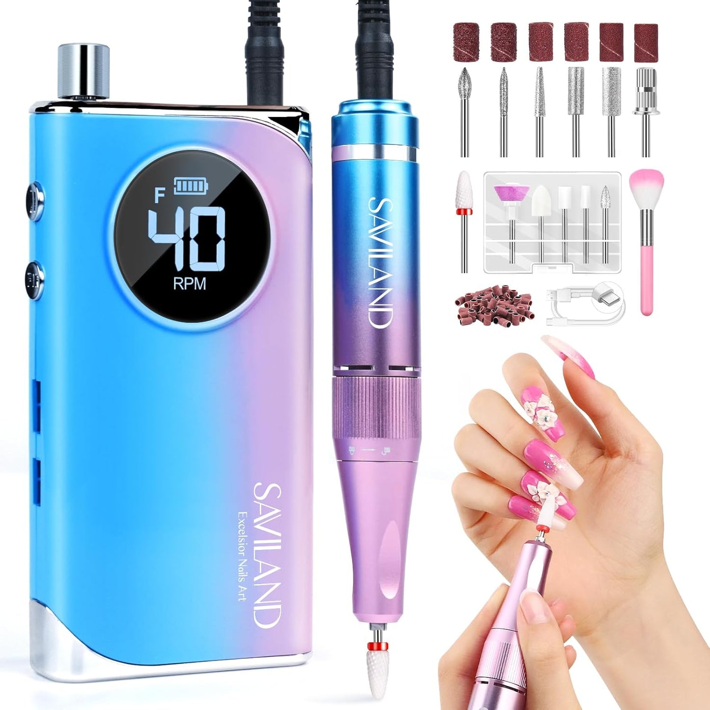 SAVILAND 50000 RPM Nail Drill - Professional Electric Nail File for Fast Acrylic Manicure | Portable Rechargeable Design