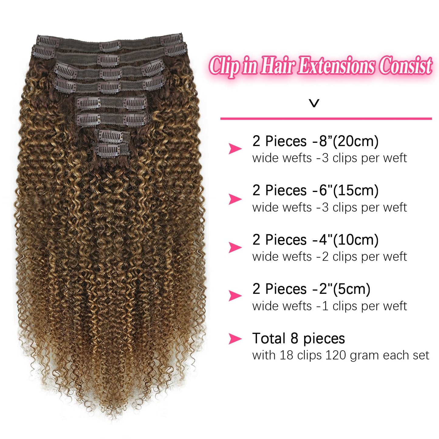 Kinky Curly Clip in Hair Extensions Real Human Hair 4/27/4 Omber Kinky Curly Clip ins For Women 3c 4a Brazilian Virgin Clip on Hair (24inch,#4/27/4)