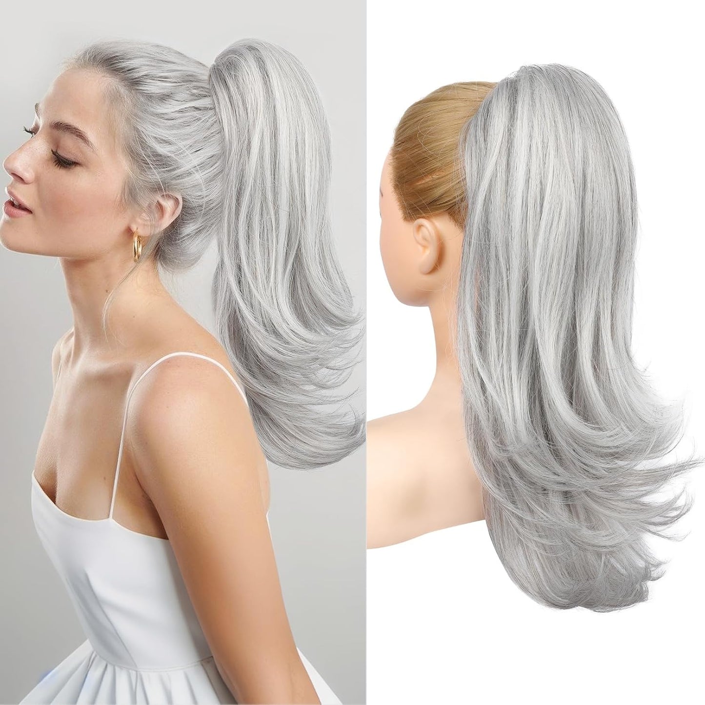 Ponytail Extension for Women - 20 Inch Drawstring Hairpiece | Soft Natural Look in Grey/Silver/White Mix