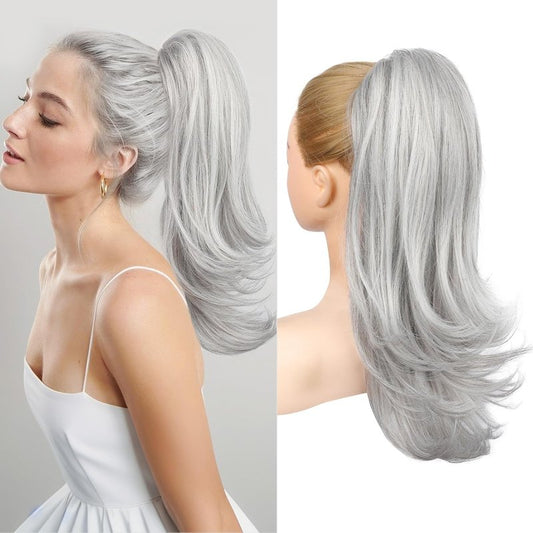 Ponytail Extension for Women - 20 Inch Drawstring Hairpiece | Soft Natural Look in Grey/Silver/White Mix