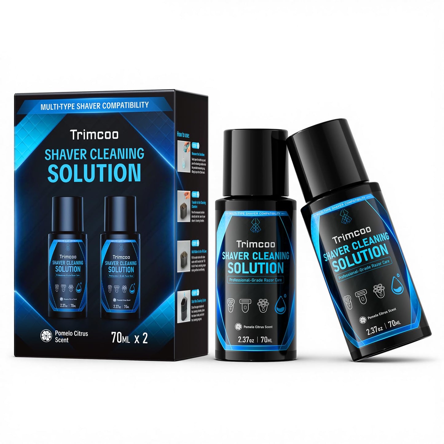Trimcoo Genuine Electic Shaver Cleaning Solution, 2-Pack Care Refills, 7-Month Supply, Alcohol-Free Pomelo Citrus Scent, Double Cleaning, Prevents Rust & Odors, Keeps Razor Like New (70ML/2.37OZ)