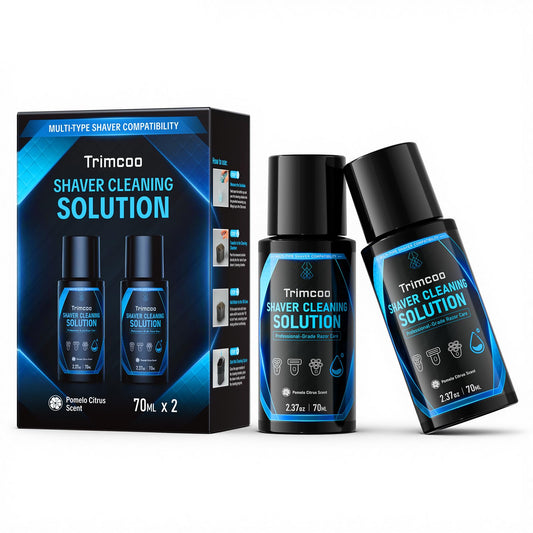 Trimcoo Genuine Electic Shaver Cleaning Solution, 2-Pack Care Refills, 7-Month Supply, Alcohol-Free Pomelo Citrus Scent, Double Cleaning, Prevents Rust & Odors, Keeps Razor Like New (70ML/2.37OZ)