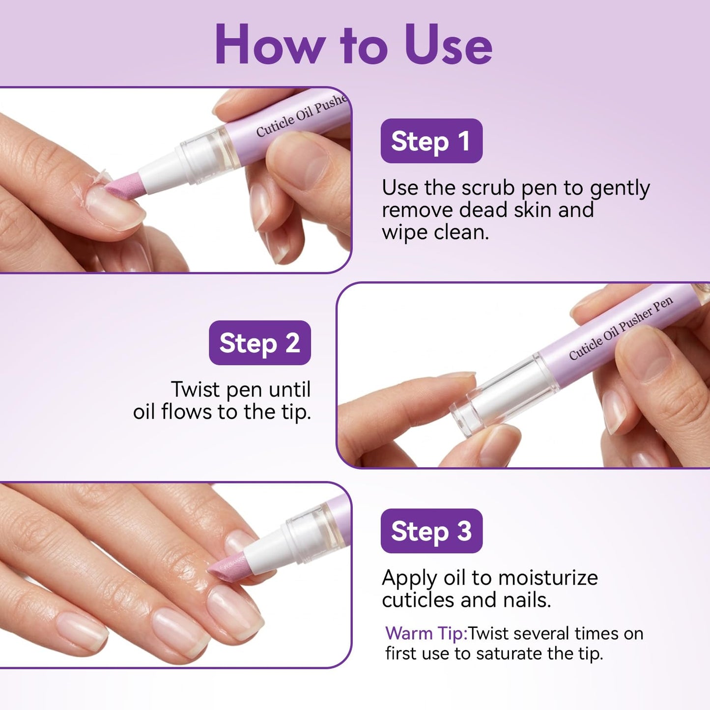 Glopink 2 in 1 Cuticle Oil Pusher Pen, Ceramic Cuticle Pen with 2ml Lavender Oil, Gentle Cuticle Remover Pen for Hangnails, Dry & Damaged Nails, Exfoliates, Strengthens, Polishes, Smoothes, 2 PCS