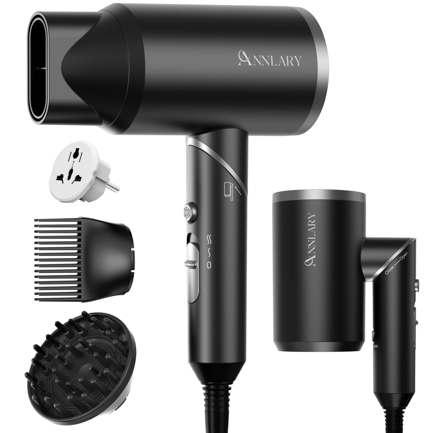 ANNLARY Dual Voltage Travel Hair Dryer with Diffuser & Comb, 1800W Portable Foldable Blow Dryer, Plasma Ionic Hairdryer for Frizz Control & Shine, Low Noise, 110V-120V/220V-240V European Use