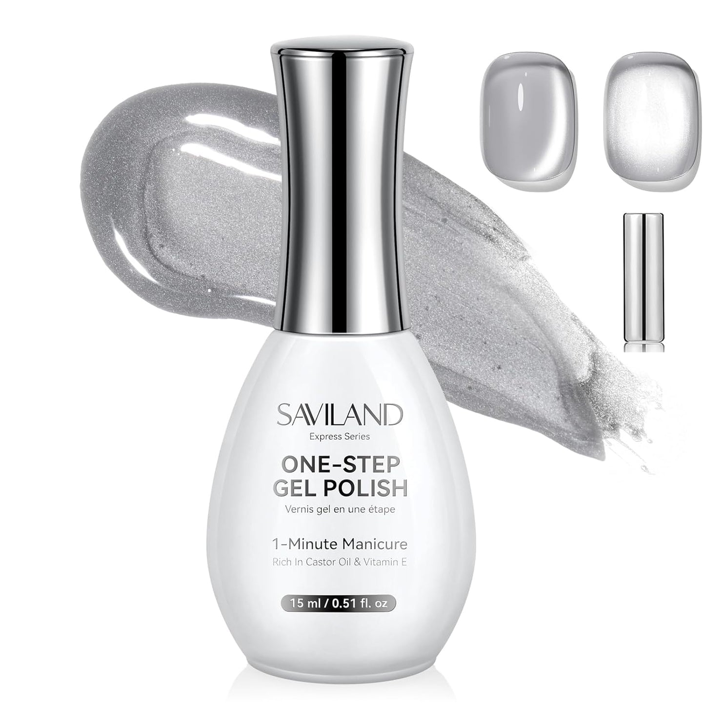 SAVILAND One-Step Cat Eye Gel Nail Polish - 5-in-1 Jelly Silver Color Builder | 0.5 OZ (15 ML)