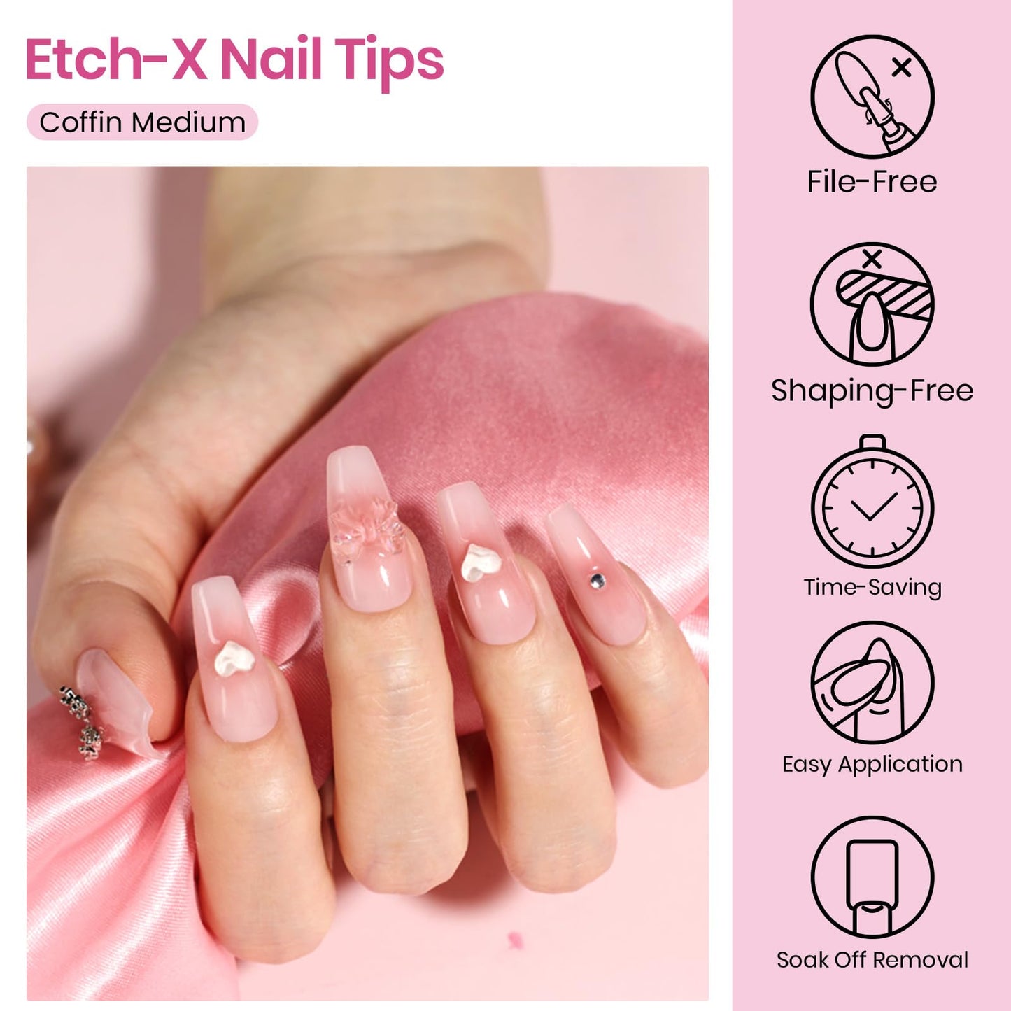Beetles Gel Nail Tips Etch-X- Coffin Medium, 384pcs 12 Sizes, Pre-Etched Half Matte Full Cover Soft Gel Nail Tips, Press on False Nail Extension Acrylic Fake Nails, Easy DIY Salon Art
