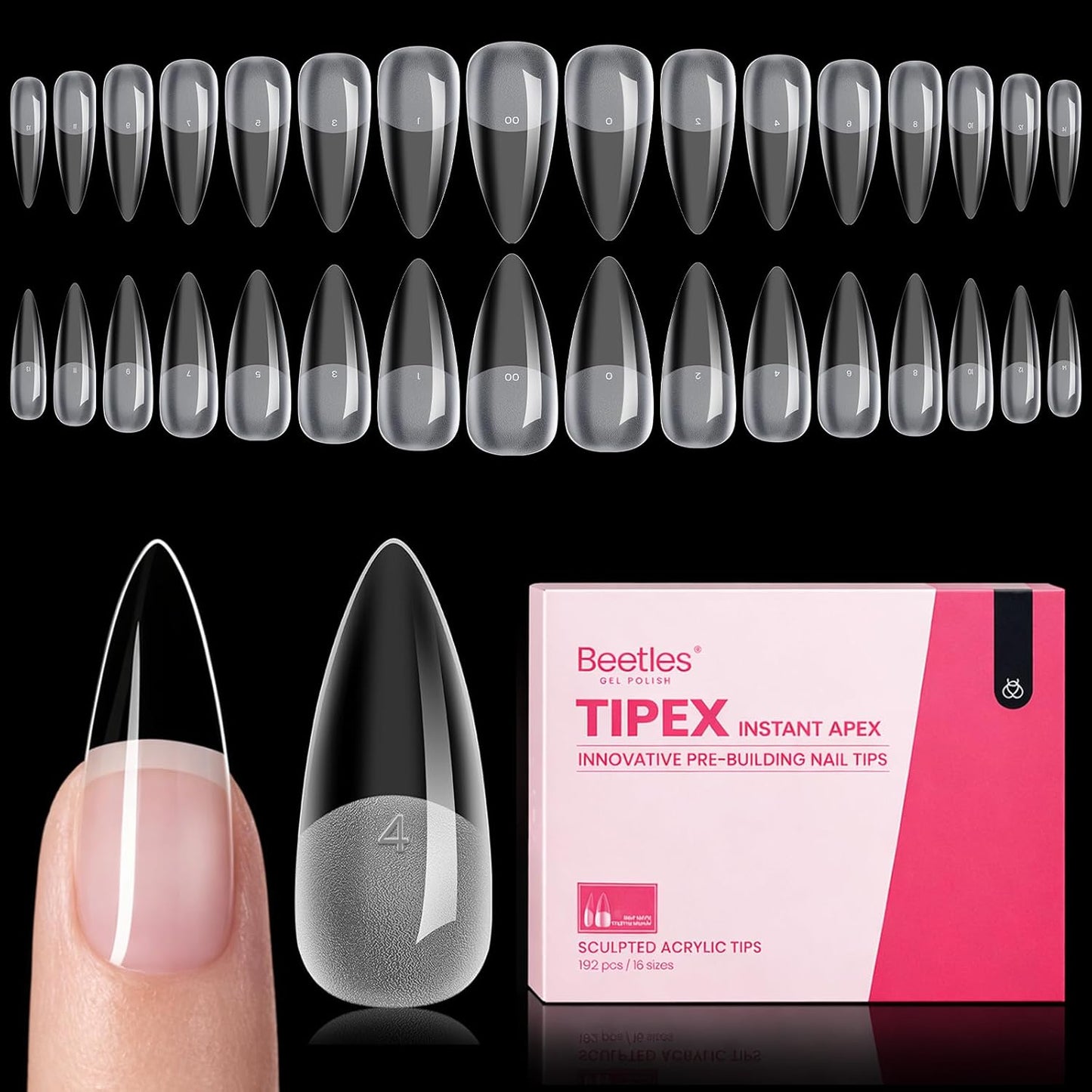 Beetles Instant Apex Nail Tips - Long Square Acrylic Tips, 192pcs, 16 Sizes 00–14 | No Builder Gel Needed