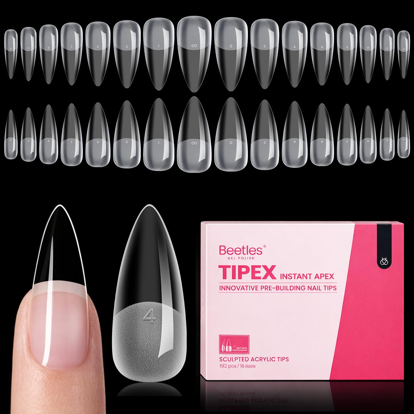 Beetles Tipex Instant Apex Nail Tips, Medium Stiletto, 16 Sizes 00–14, 192pcs, No Builder Gel Required, Thicker Strong Acrylic Tips for DIY Salon-look Extensions