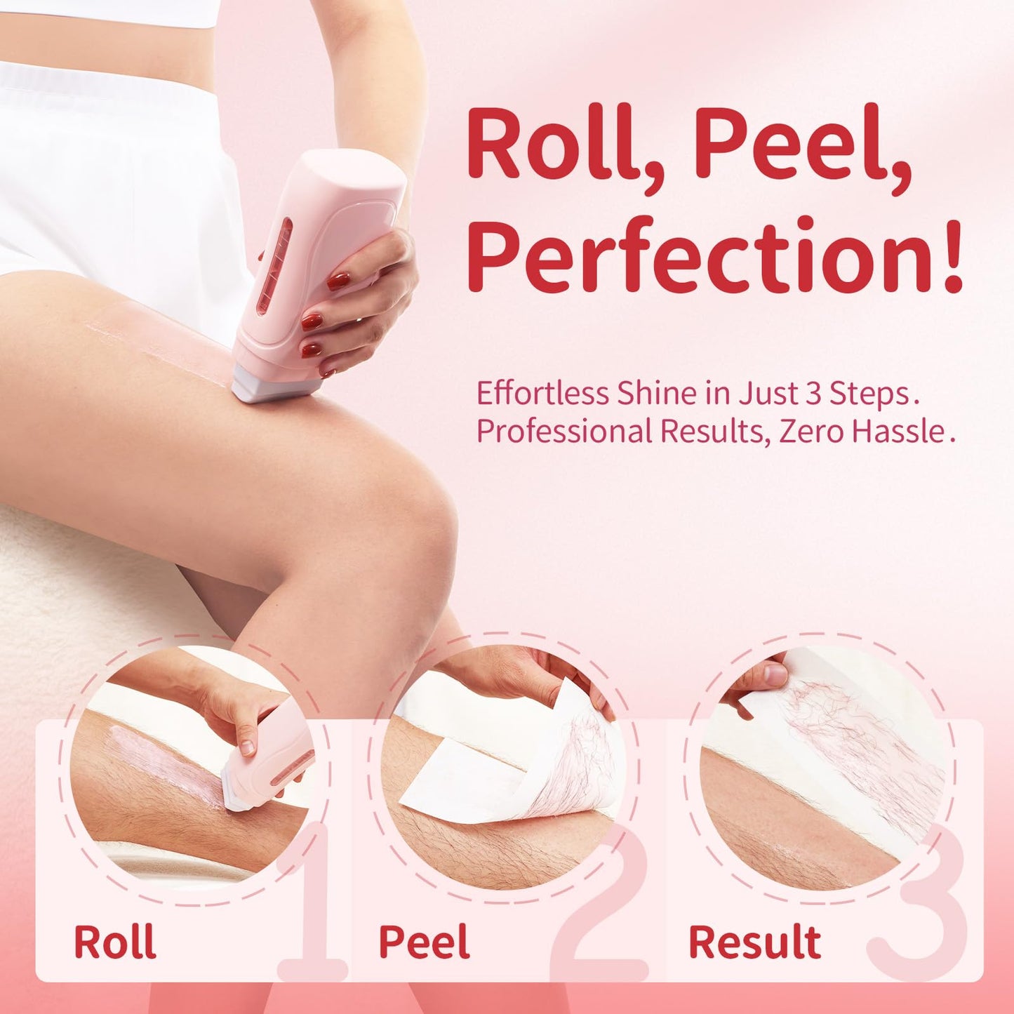 Waxfans Roll On Wax Kit, Wax Roller Kit, Waxing Kit for Women & Men,Cera Para Depilar for Home Hair Removal on Body and Legs, with 2 Wax Refills (Honey & Rose) & 50 Pcs Wax Strips, Easy & Smooth, Pink