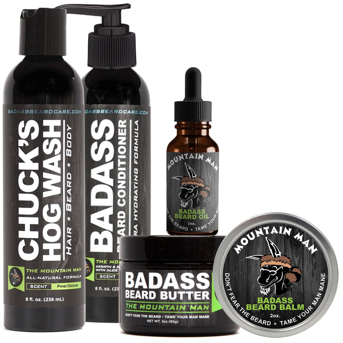 Badass Beard Care Complete Beard Care Kit - 5 Full Size Essentials - Includes Beard Oil, Beard Balm, Beard Butter, Wash and Conditioner - Promotes Fuller & Thicker Beard Growth (The Mountain Man)