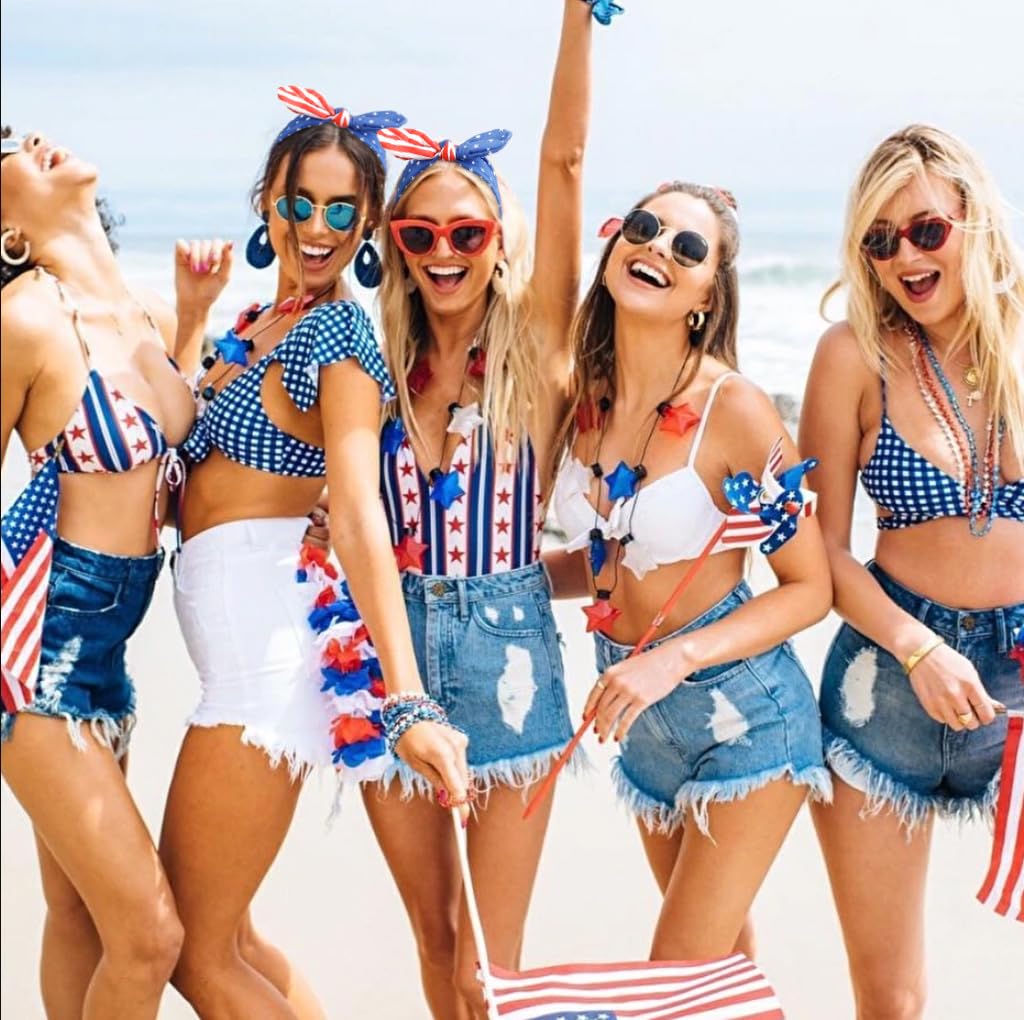 Huachi American Flag Headbands with Patriotic USA Bows for Women - 4th of July Wide Red, White and Blue Knotted Bow Hair Bands and Turban Wrap Accessories