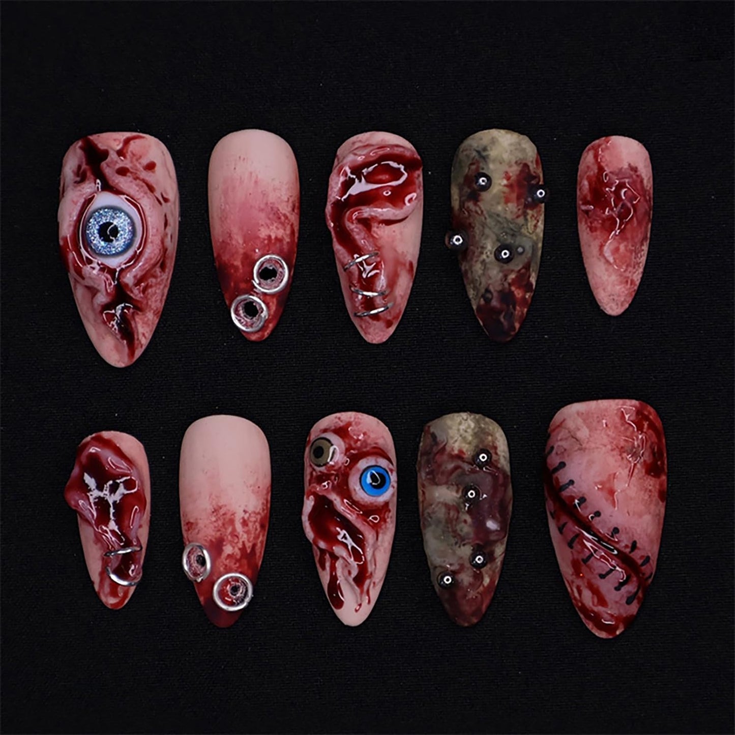 30Pcs Halloween Press-On Nails - 3D Spider & Bat Designs | Medium Almond Acrylic Tips for Women