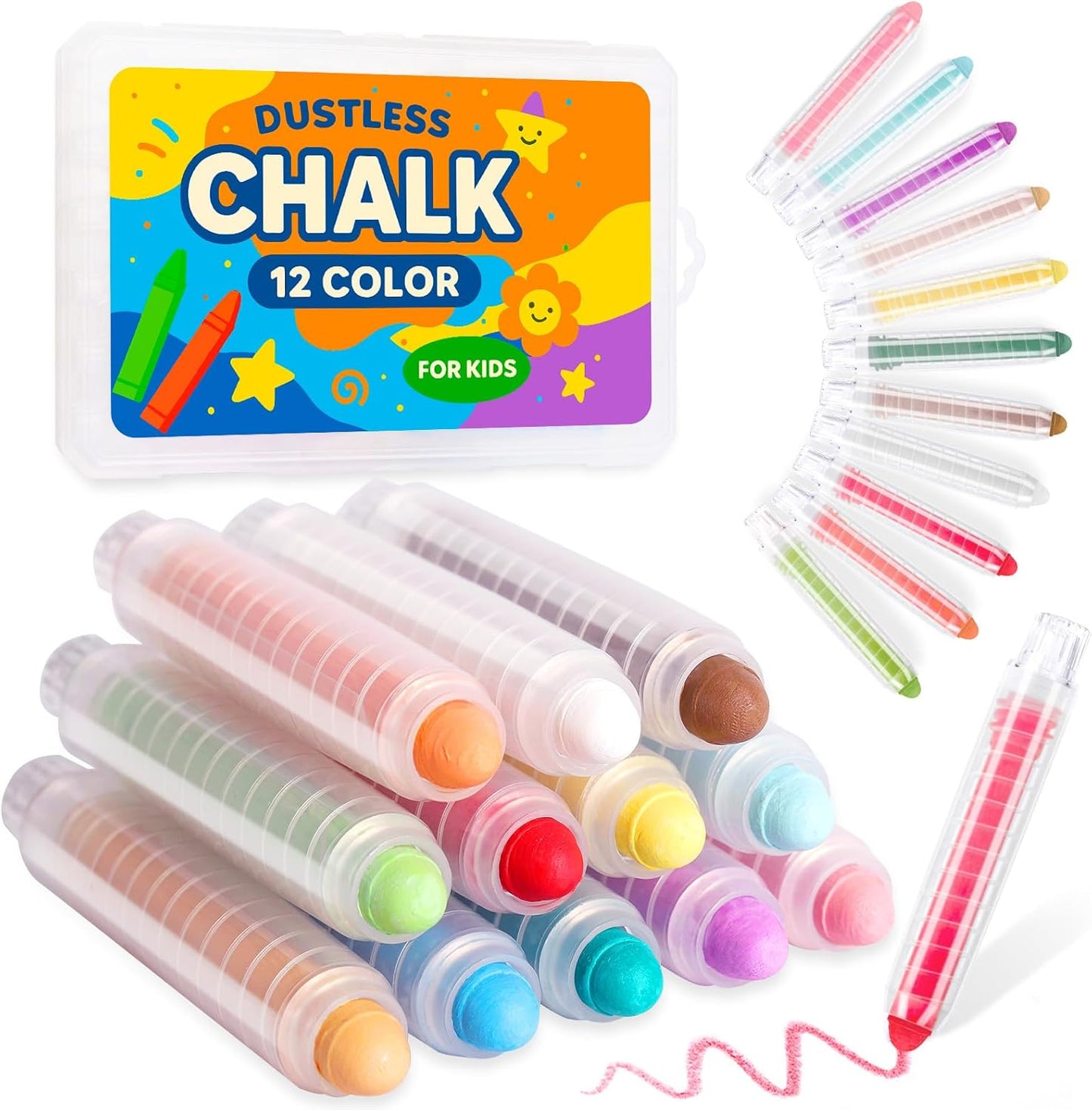 Dustless Chalk for Kids - 12 Colors Washable Sidewalk Chalk Set | Mess-Free Drawing on Chalkboards & Sidewalks