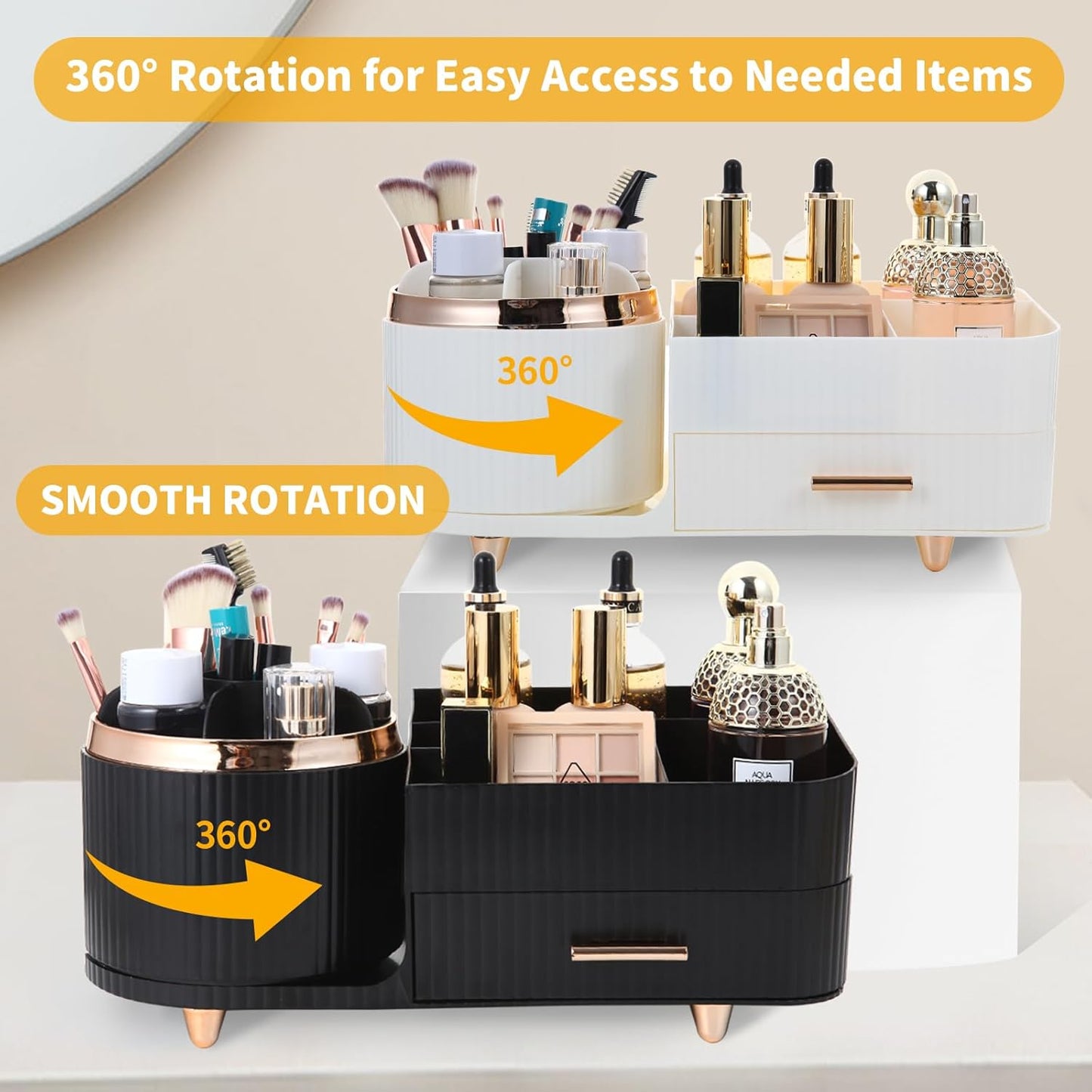 Makeup Organizer - 360 Rotating Brush Holder with Drawer | Large Capacity Skincare & Cosmetic Storage - Black