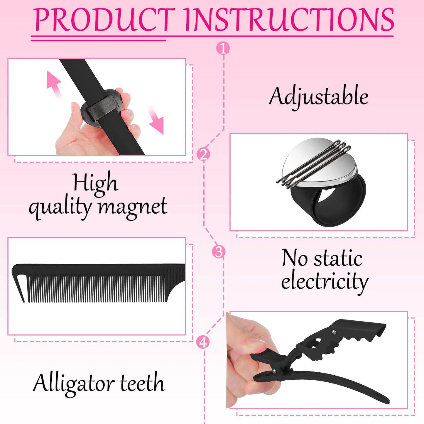 22 Pces Hair Braiding Tools with Magnetic Wrist Sewing Pincushion Pin Wristband Stainless Stitch Braid Finger Ring Tool Pintail Rat Tail Comb Sectioning Alligator Clips Salon Home(Black)
