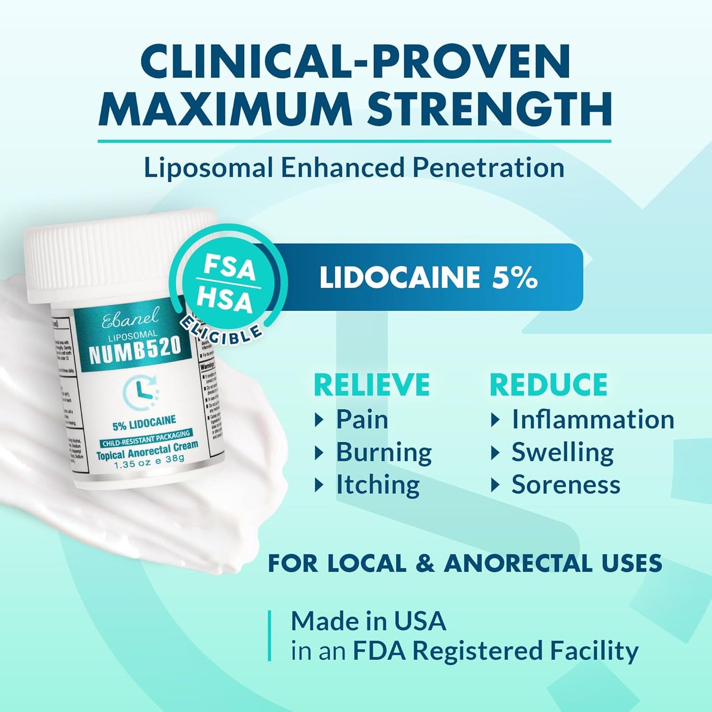 Ebanel 5% Lidocaine Numbing Cream - Maximum Strength Pain Relief for Hemorrhoids & Burns | 1.35 Oz