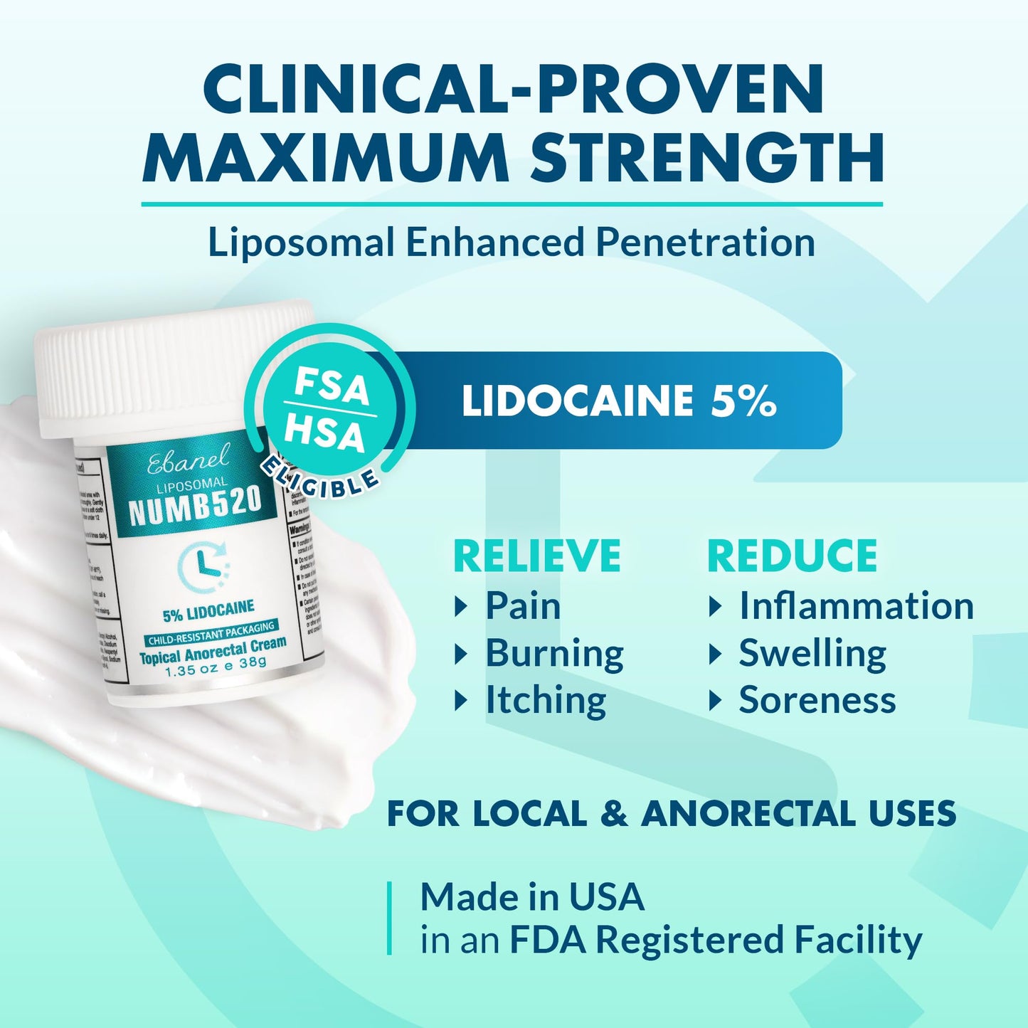 Ebanel 5% Lidocaine Numbing Cream, 5-Pack Pain Relief Burn Itch Numb Cream, Maximum Strength Topical Anesthetic with Allantoin, Vitamin E for Local and Anorectal Uses, Hemorrhoid Treatment