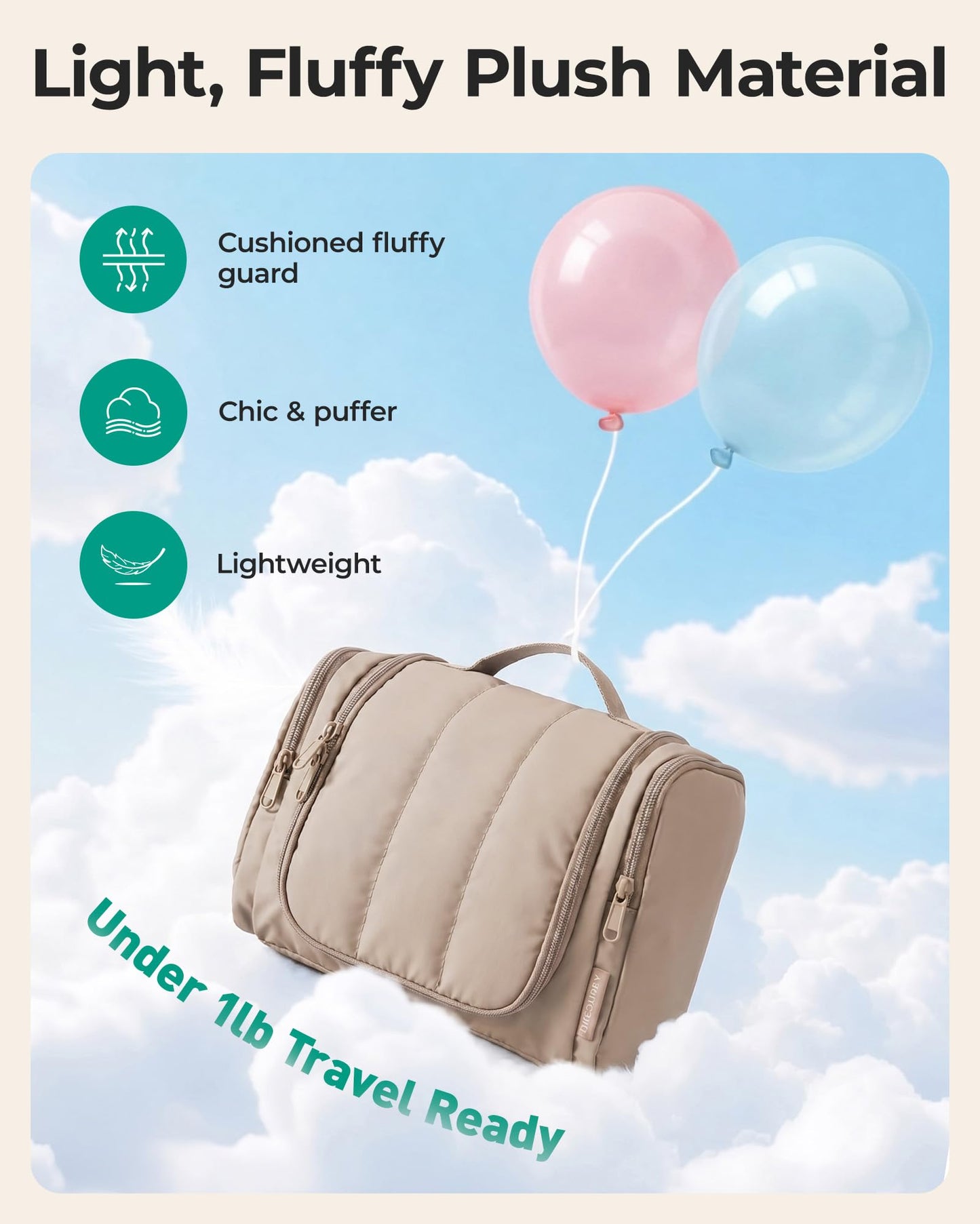 BAGSMART Travel Toiletry Bag for Women, Puffy Hanging Toiletry Bag with Hook, Water-resistant Toiletry Organizer for Full Sized Toiletries (Brown)