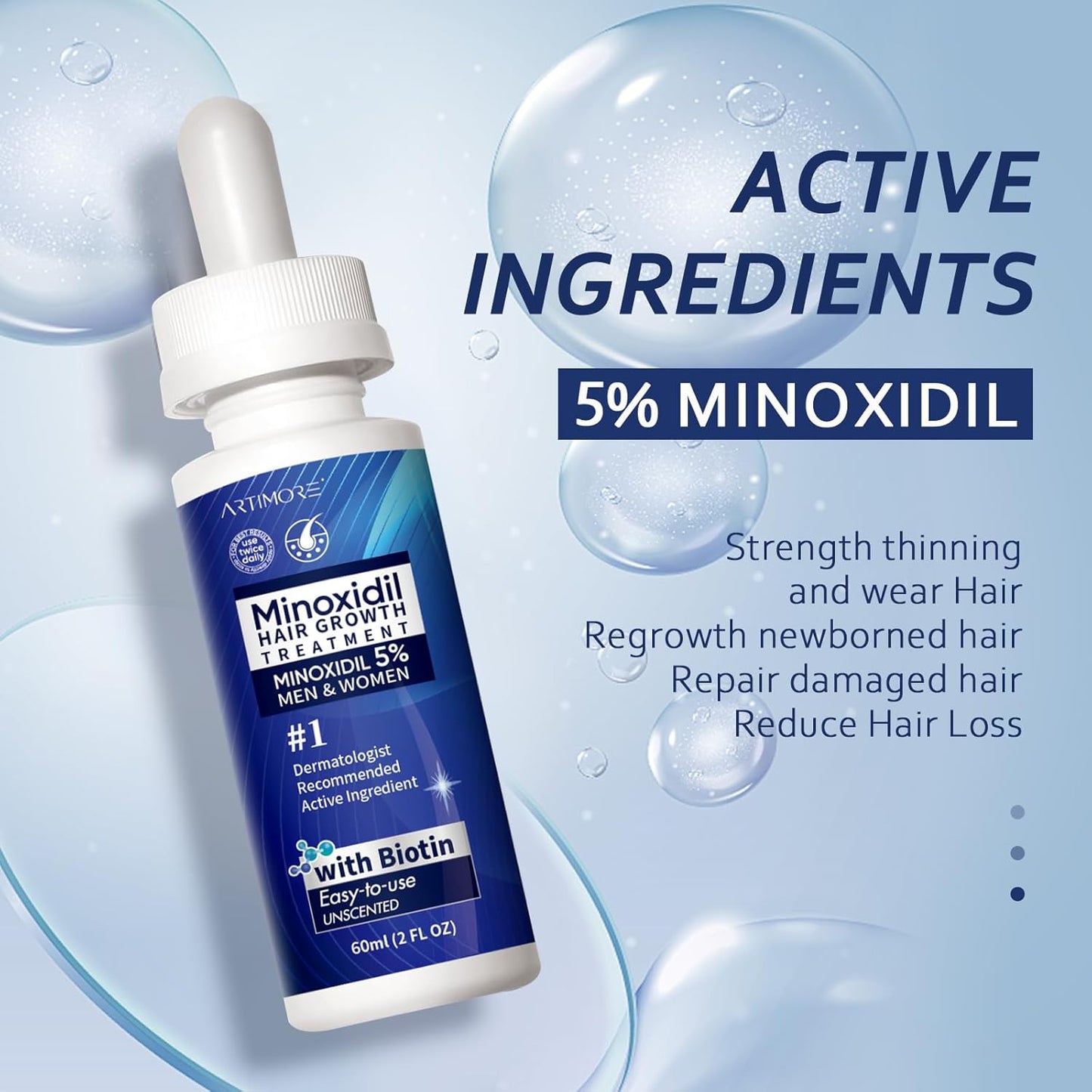 Minoxidil Hair Growth Serum for Men & Women - Extra Strength 5% with Biotin | 6 FL OZ, 3 Dropper Set