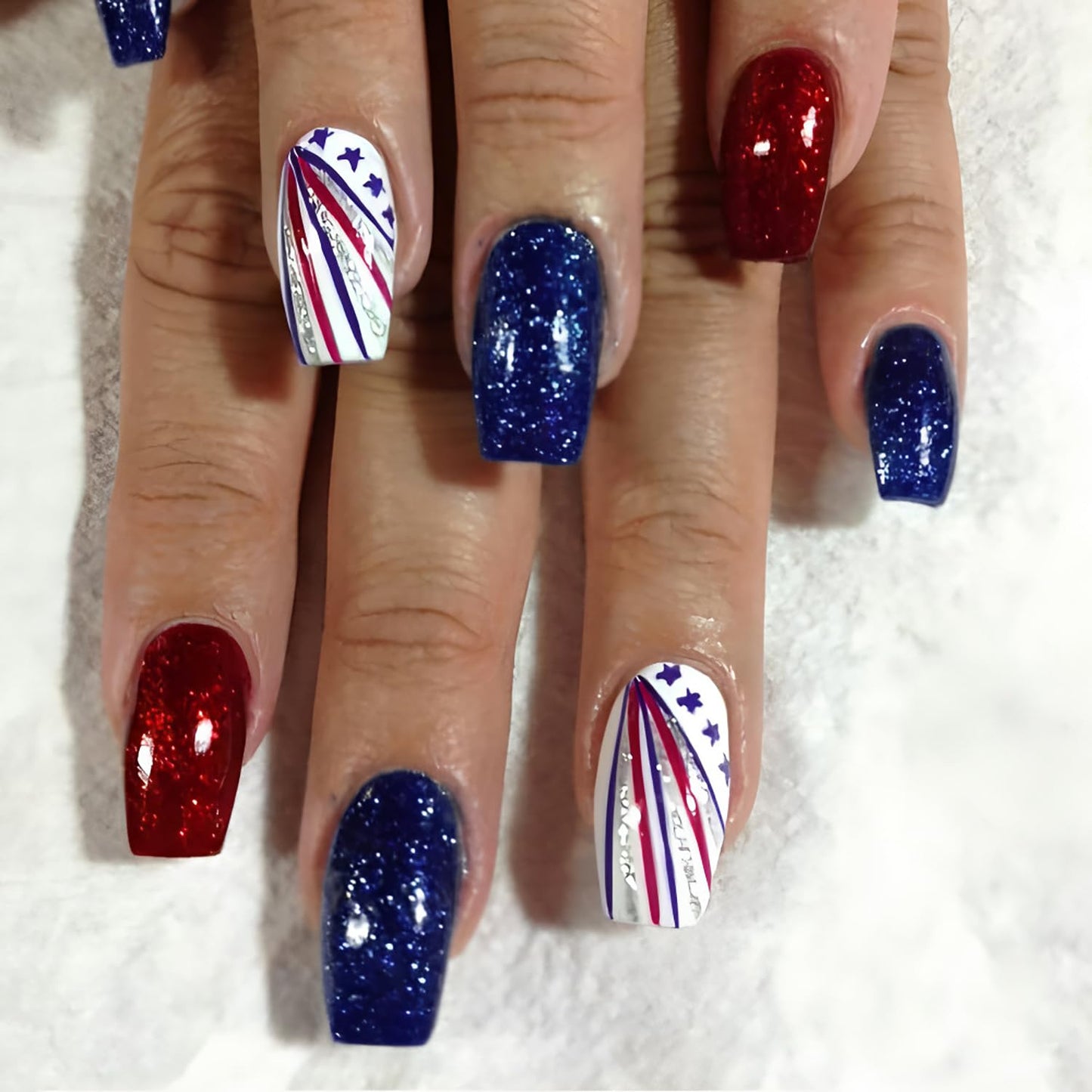 24Pcs 4th of July Press-On Nails - Medium Square Red, Blue & White Glitter Designs | Reusable Patriotic Acrylic Nails for Women