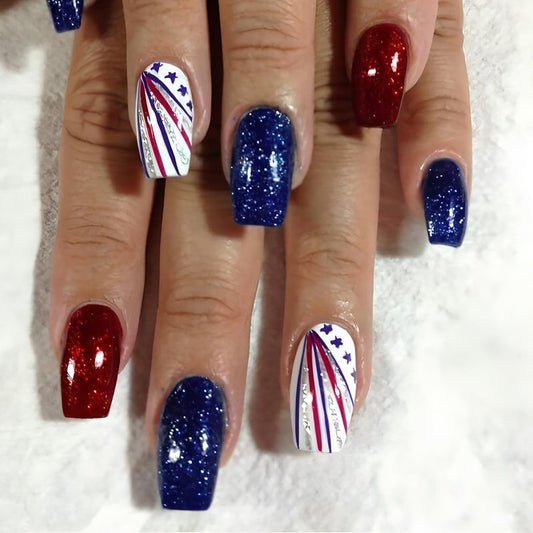 24Pcs 4th of July Press-On Nails - Medium Square Red, Blue & White Glitter Designs | Reusable Patriotic Acrylic Nails for Women