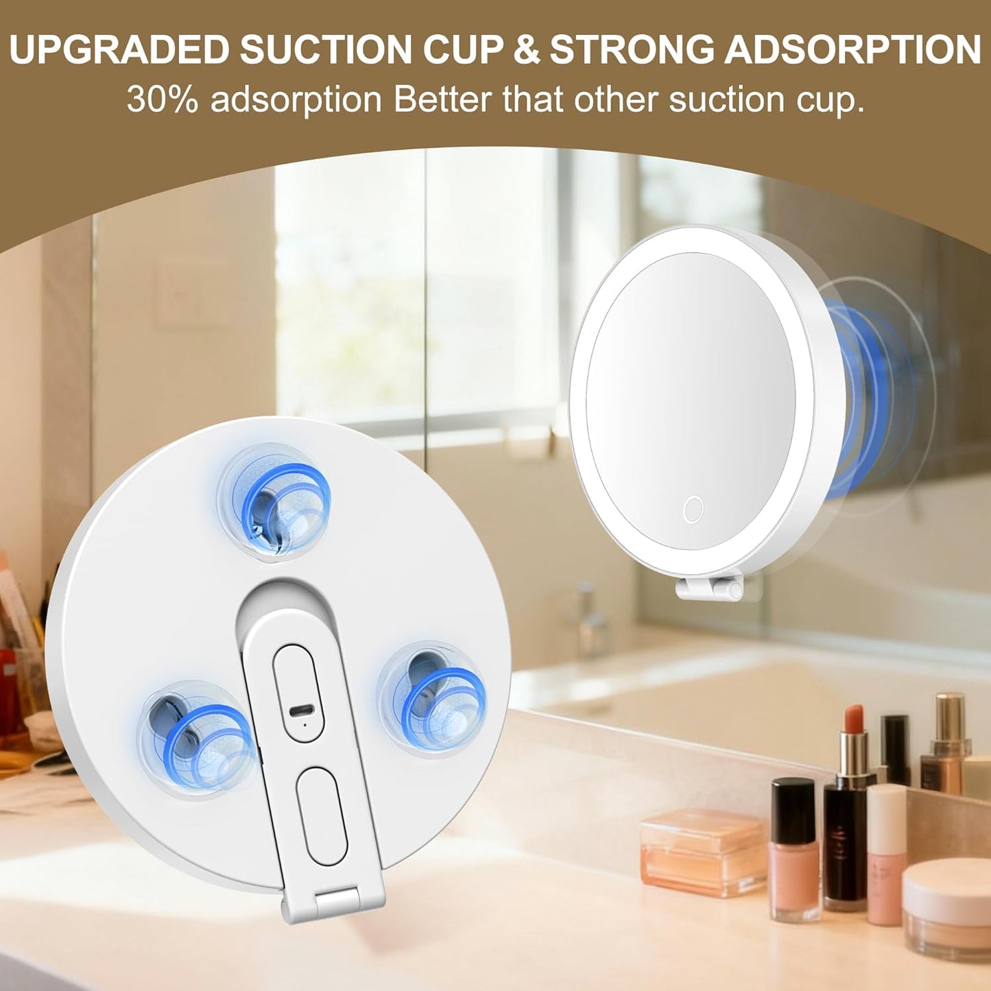 30x Magnifying Makeup Mirror with Light - 6" Travel Size, 3 Suction Cups, 3 Lighting Colors | Handheld Design, Stable Stand