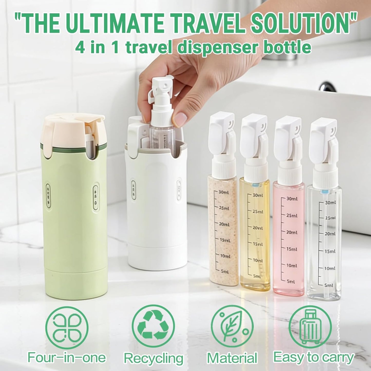Travel Dispenser Bottle - 4-in-1 Leak-Proof TSA Approved Toiletry Container | Portable Hard Shell with Scale & Labels (White)
