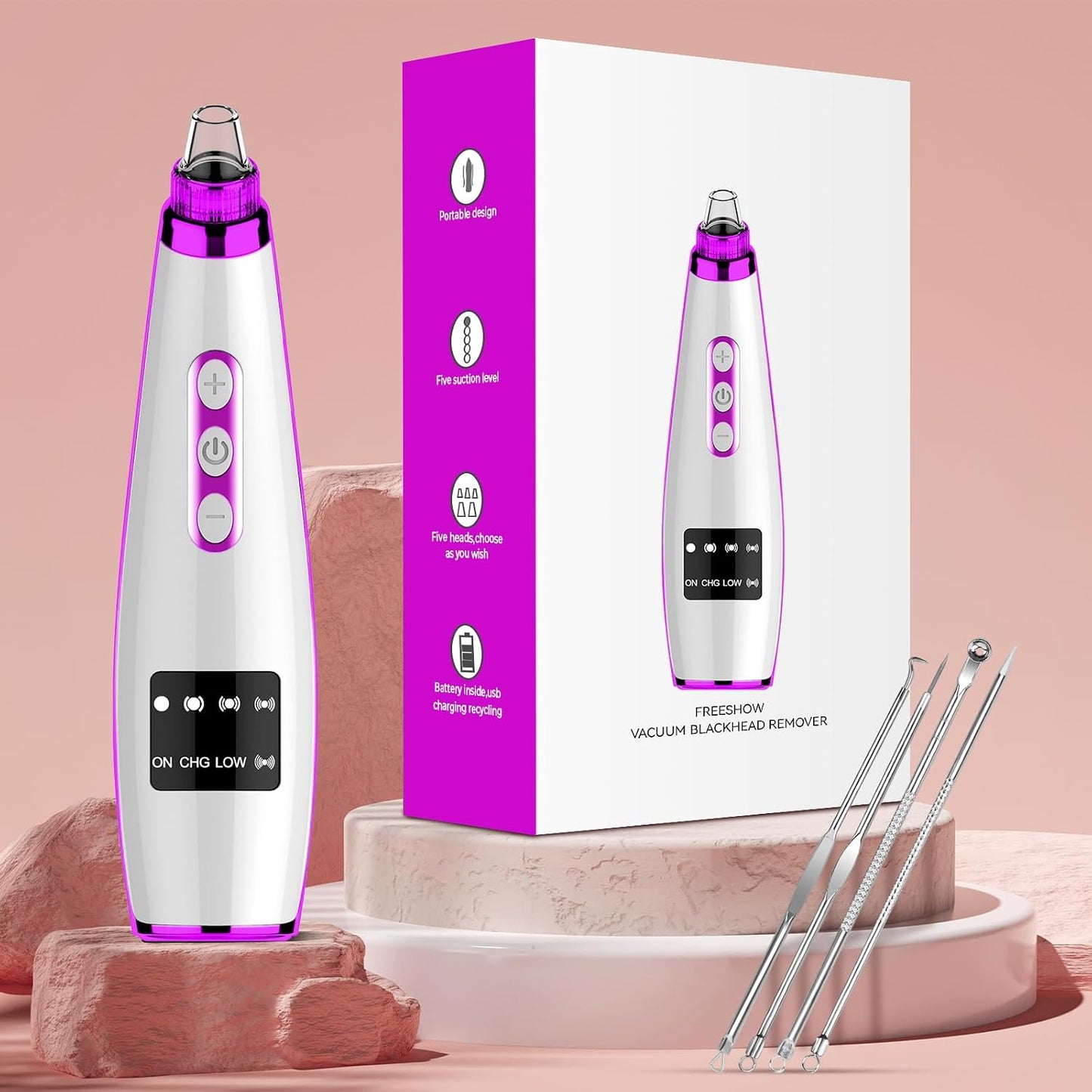 Blackhead Remover Vacuum | USB Rechargeable Facial Pore Cleaner with 5 Suction Levels