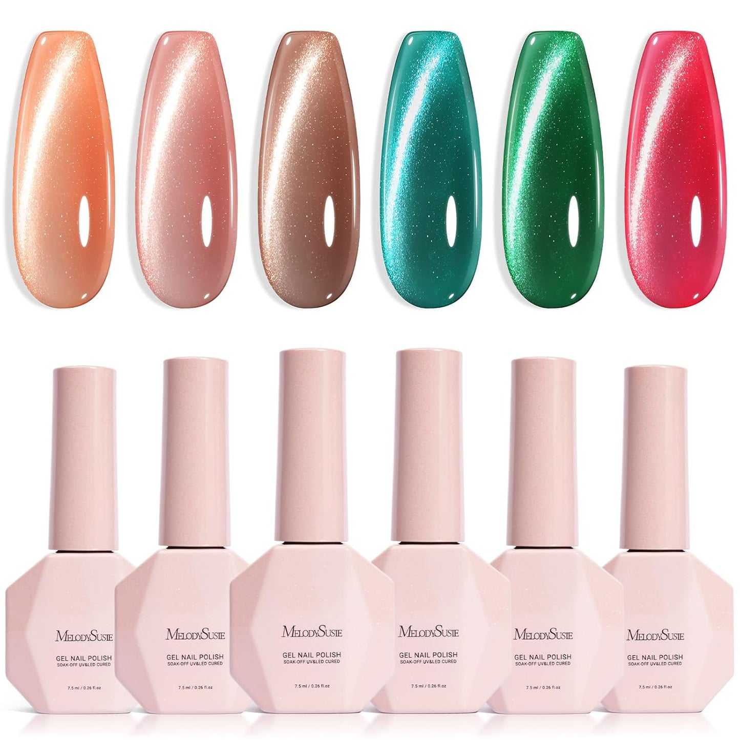 MelodySusie Cat Eye Gel Nail Polish Set - 6 Pcs Glitter Holographic Magnetic Polish | 0.26 Fl Oz Each