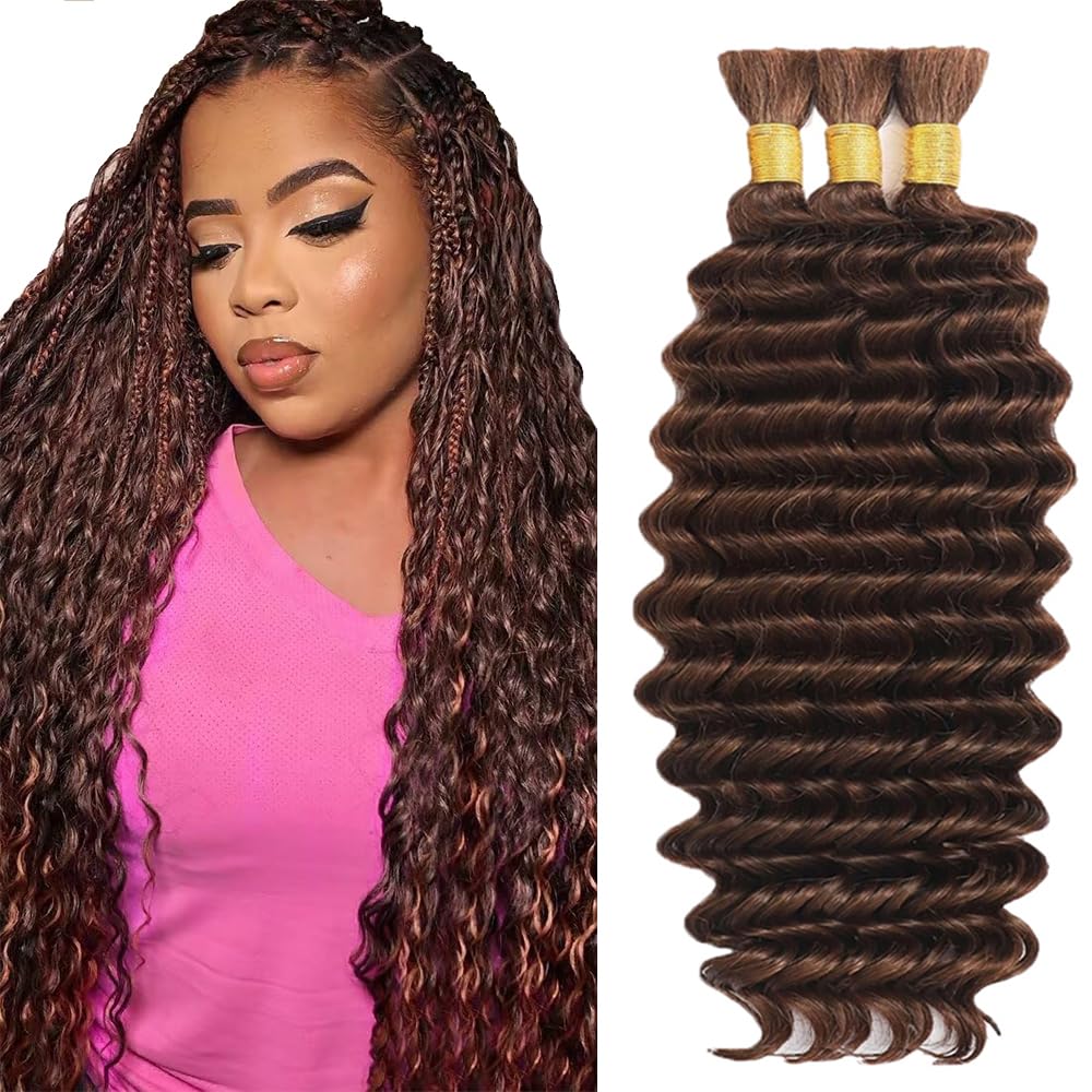 Dark Brown Boho Hair for Braiding #4 Brown Braiding Hair 18 18 18 Inch Chocolate Brown Deep Wave Boho Human Hair for Braiding #4 Curly Hair Extensions for Braids 150g 3 Bundles
