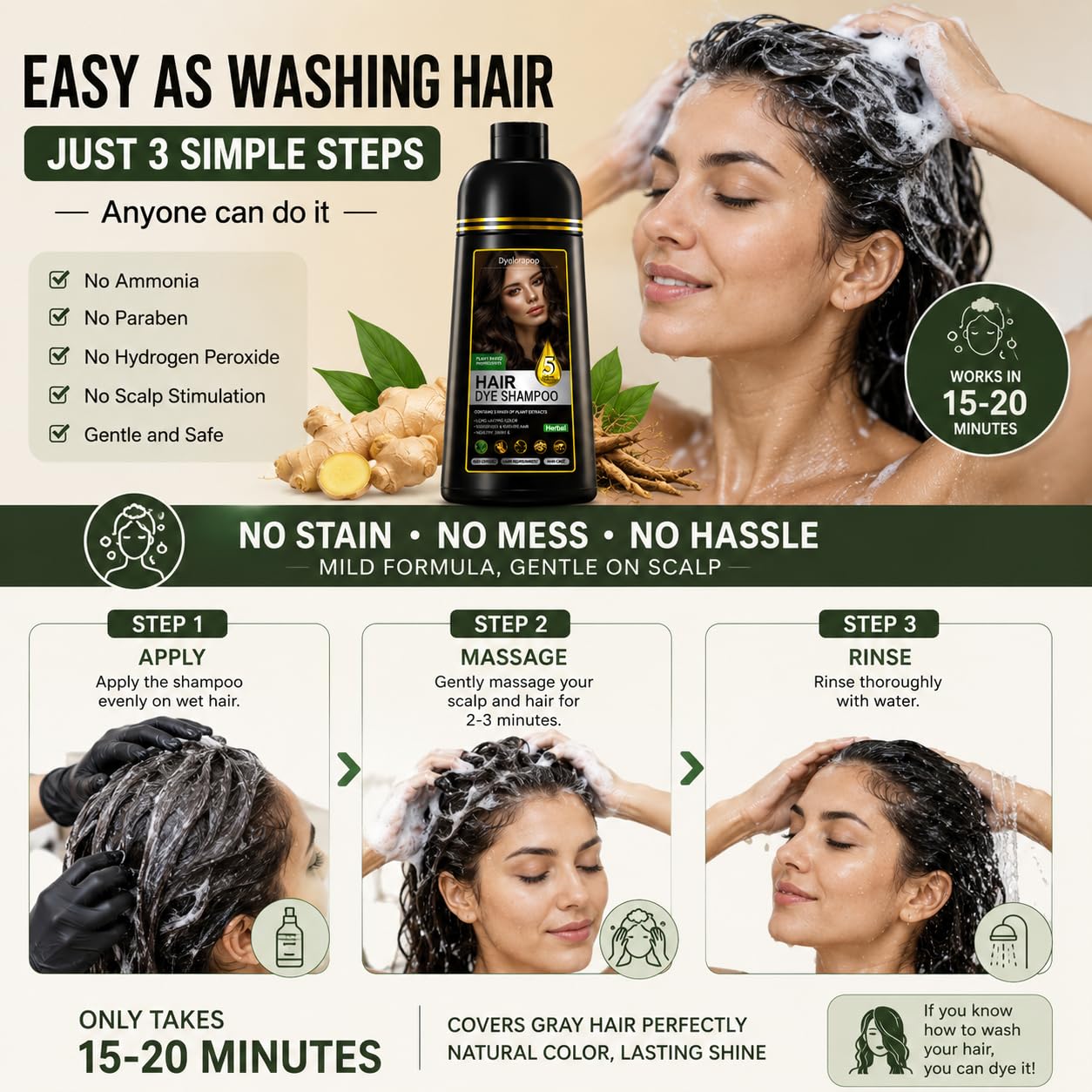 Hair Dye Shampoo 5 in 1 for Gray Hair, Herbal Hair Color Shampoo for Women & Men, Semi Permanent Hair Dye Shampoo with Hair Care & Nourishment, Easy Gray Coverage, 500ml (Natural Black)