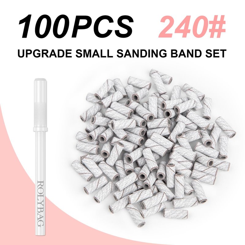 Rolybag 100pcs Small Sanding Bands Nail Drill Bits 240 Extreme Fine Grit Sanding Bands with 3.1mm Mandrel Bits for Acrylic Nails Professional Manicures and Pedicure,Zebra