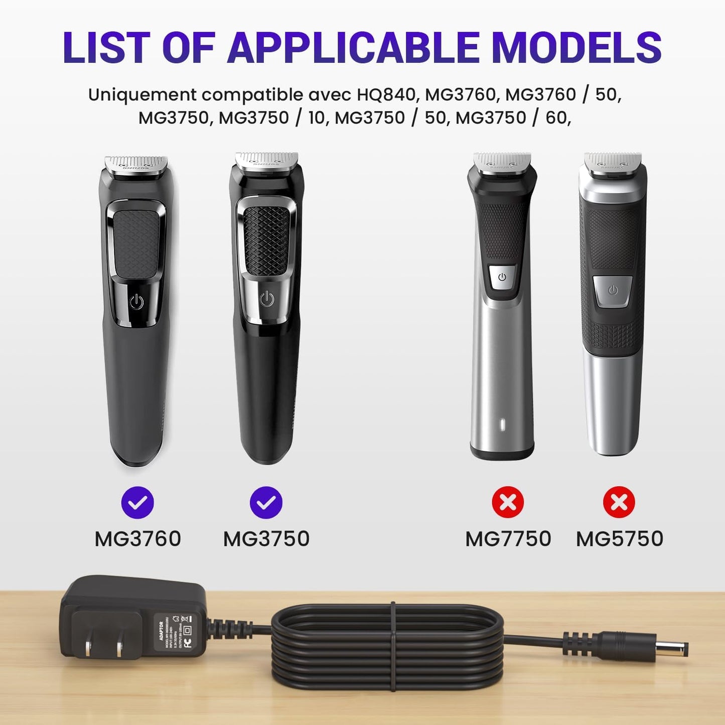 Xxszhy 8V Power Cord Fit for Philips Norelco HQ840 Multigroom Series 3000 MG3750 MG3750/10 MG3750/50 MG3750/60 MG3760 MG3760/50 Electric Shaver Trimmer Razor Replacement Charger Supply