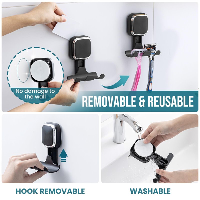 TAILI Suction Cup Razor Holder for Shower Wall 2 Pack, Versatile Suction Cup Hooks for Razor, Towel, Loofah, Squeegee, Cell Phone, Removable Damage-Free Hanging Shower Hook, Shaver Holder, Black
