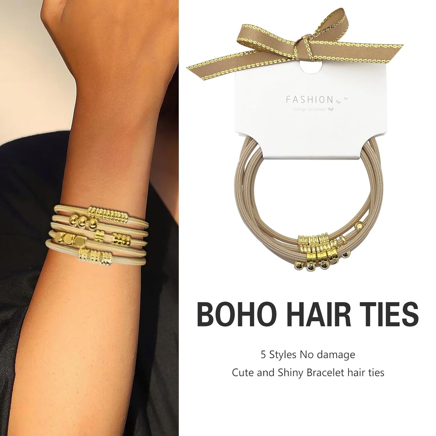 Blonde Boho Hair Ties Bracelet - Trendy Elastic Ponytail Holders with Gold Bead | Ideal for Thick, Thin, Curly Hair (Beige)