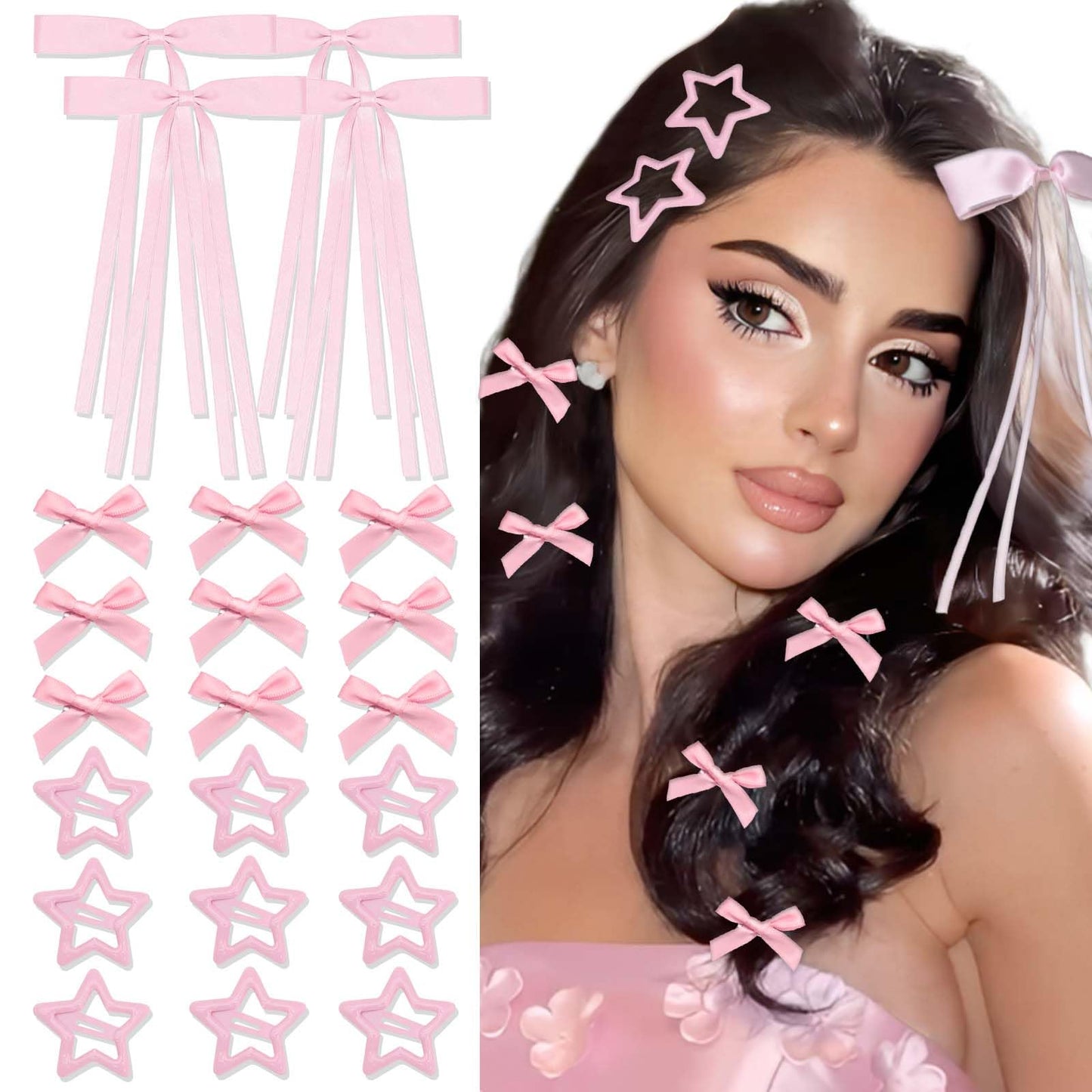 STGDAK Mini Hair Bows For Women Girls Pink Star Clips Cute Bow Barrettes Kawaii Star Hairpins Y2k Hair Ribbon Long Tail Bowknot Coquette Hair Accessories 24Pcs