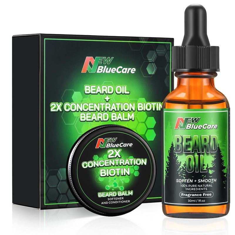 NEWBLUECARE Beard Oil and Beard Balm for Men - Beard Growth Kit for Beard Soften and Moisture - Natural & Organic Jojoba, Argan, Shea Butter - Beard Care Kit for Dad, Husband, Boyfriend, Green