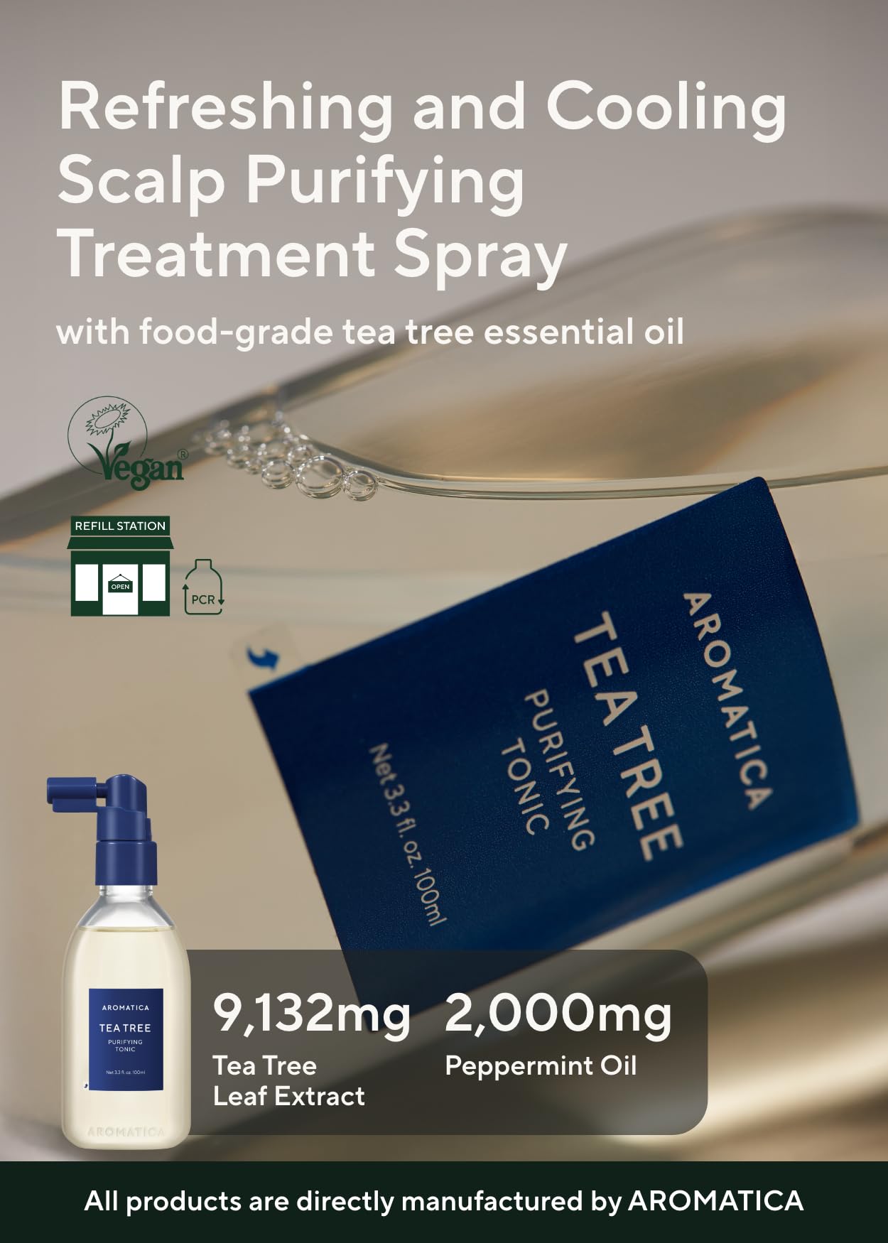 AROMATICA Tea Tree Purifying Tonic, Paraben, Silicone, Sulfate-free | Vegan | Soothing & Cooling Tonic for Your Scalp Treatment | Hair Nourishing | Natural Ingredients Only (3.38oz)