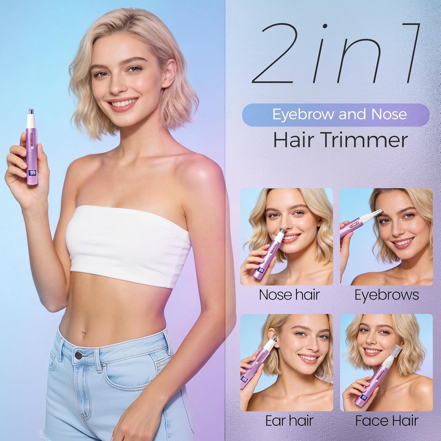 LED Display Eyebrow & Nose Hair Trimmer - Rechargeable 2 in 1 Painless Clipper for Men & Women | Easy Cleansing, Purple