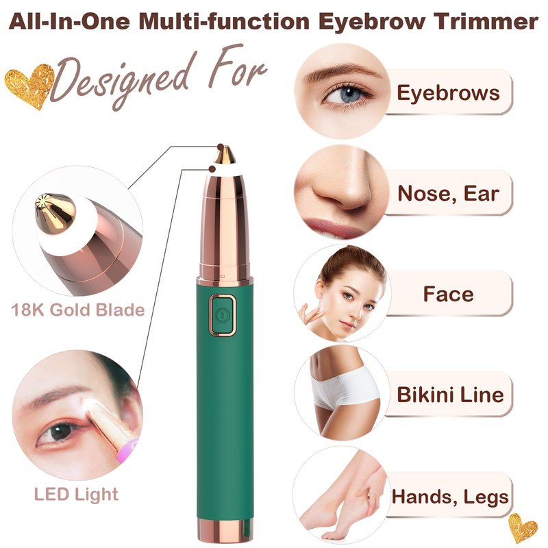 Eyebrow Trimmer for Women - Electric Eye Brow Razor with LED Light Painless & Easy Clean for Eyebrows Face Nose Ear Hair Chin Lips Peach Fuzz Bikini Lines & Other Detailing - Battery Operated (Green)