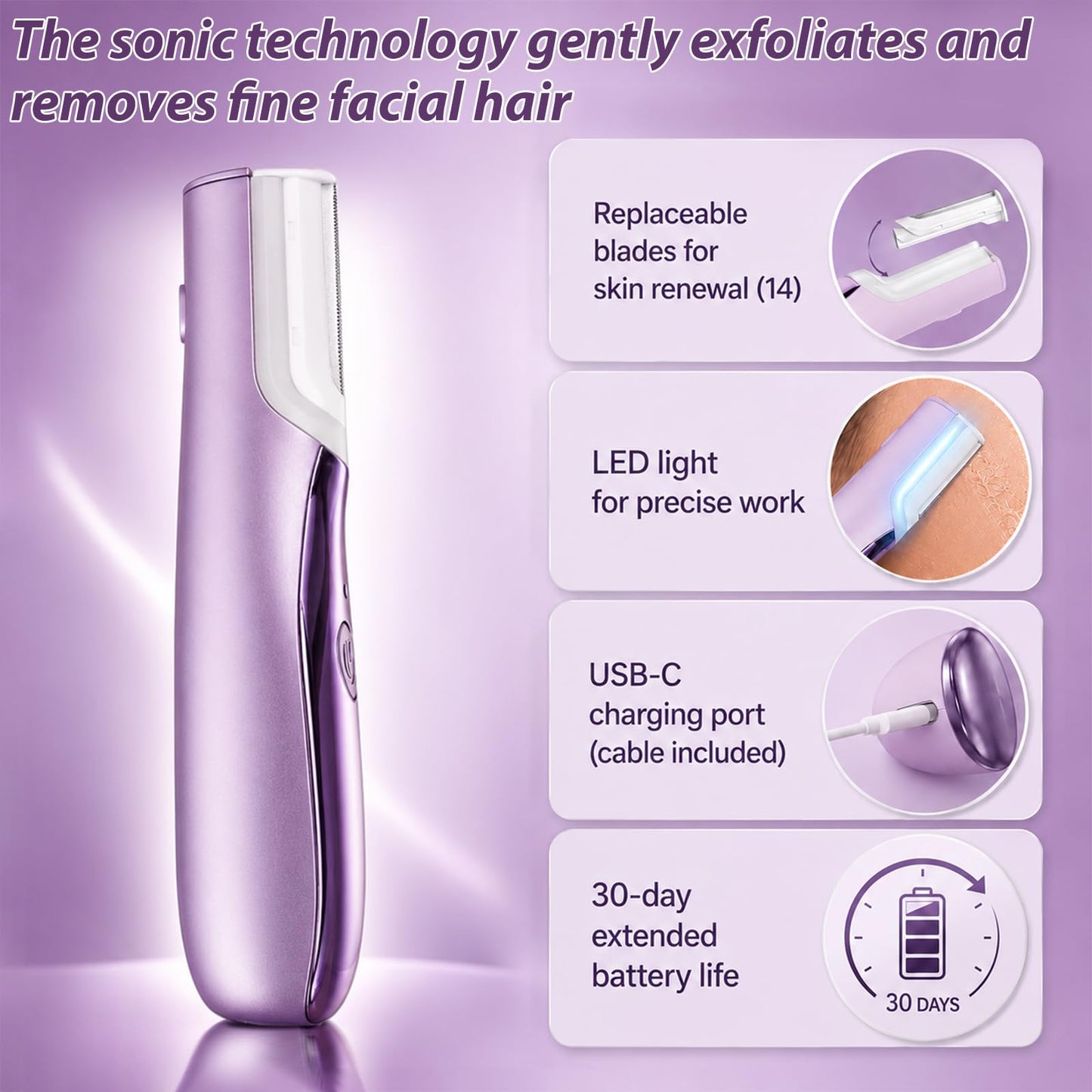 Sonic Dermaplane Razor for Women Face with 14 Refill Blades,3 Speeds with LED Light,Dermaplaning Tool for Peach Fuzz & Exfoliation,Rechargeable Facial Hair Remover