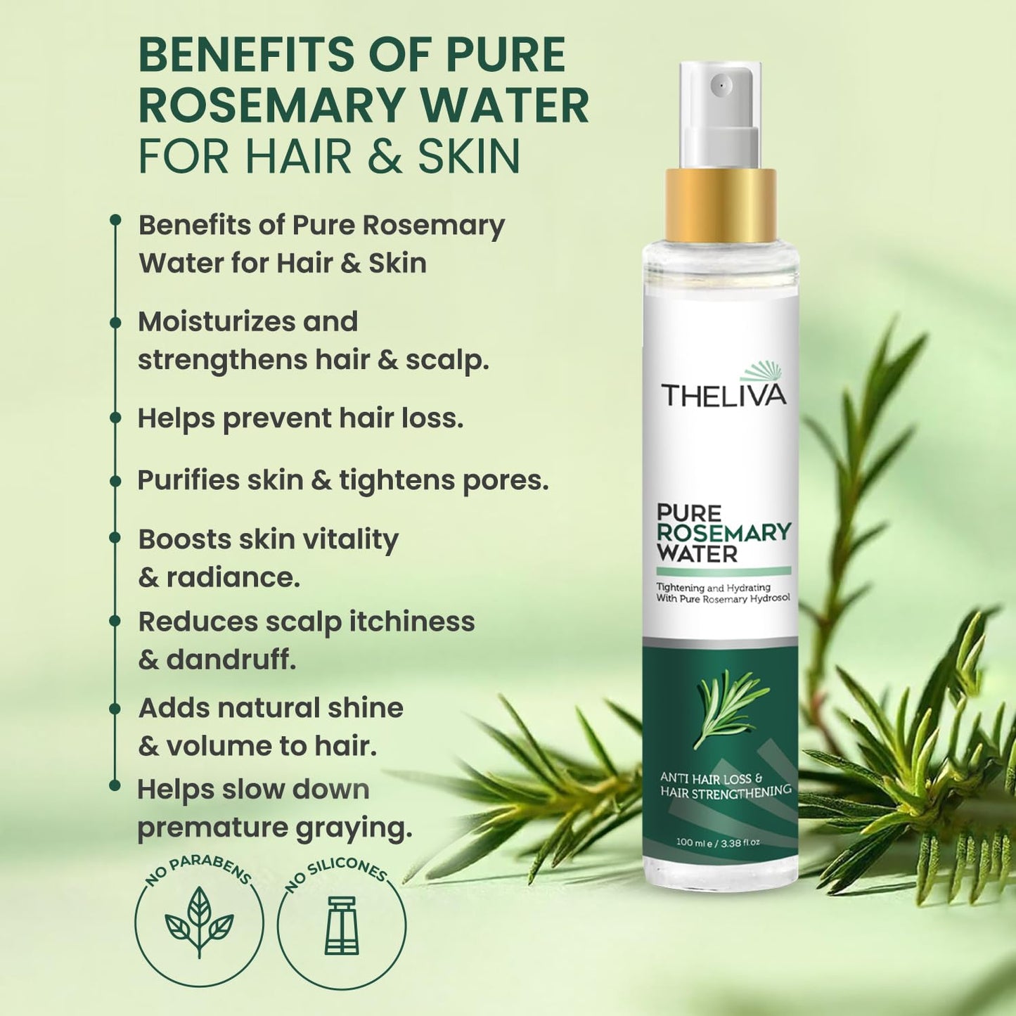THELIVA Rosemary Water – Organic For Hair Growth Spray & Tonic | Anti Hair Loss&Dandruff | Scalp Treatment For Hair Growth | Korean Scalp Treatment | Natural Hair Spray Organic No Chemicals 3.38 oz