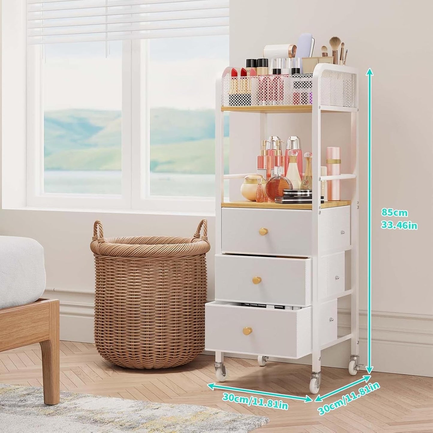 Rolling Makeup Cart Organizer - Skincare & Cosmetic Storage with 3 Fabric Drawers | Vanity Display Case for Beauty Tools