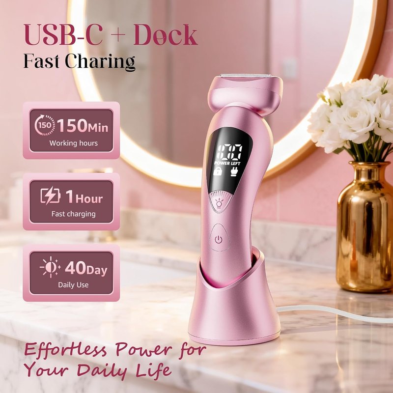 Cordless Electric Razor for Women - Rechargeable Painless Bikini Trimmer | Waterproof Shaver with LED Display - Light Pink