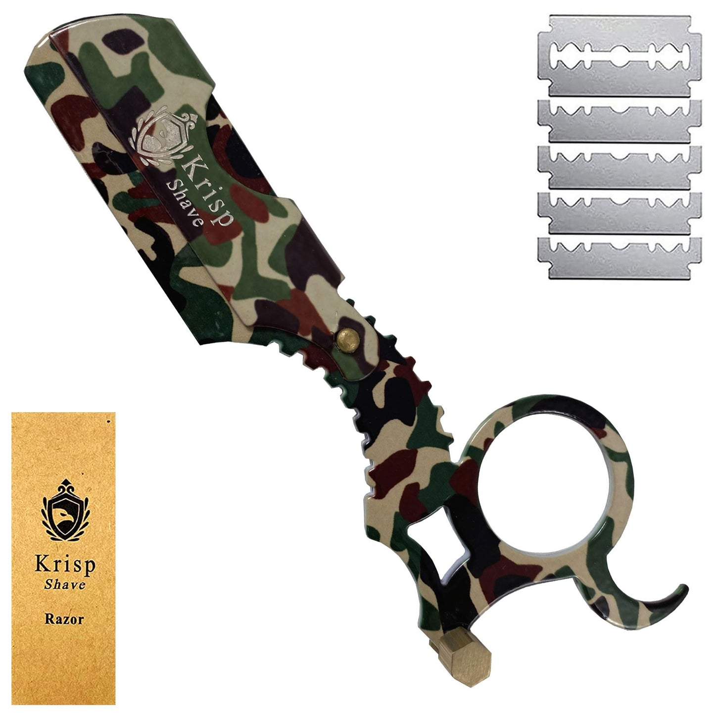 Straight Razor with 10 Shaving Blades Razors for Men - Professional Barber Straight Edge Razor for Close Shaving Cut Throat Shavette Men Beard Shave Manual Blade Holder By Krisp Beauty Green Camo